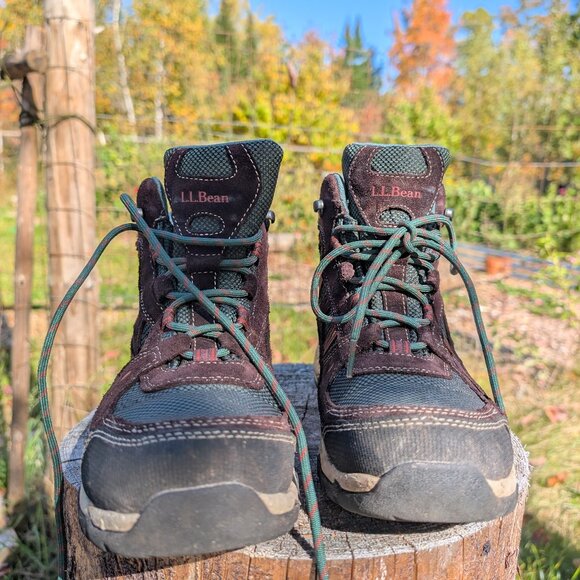 Women's LL Bean Maine Tall Ankle Hiking Boots Brown Forest Green 8.5 Wide - Picture 2 of 11